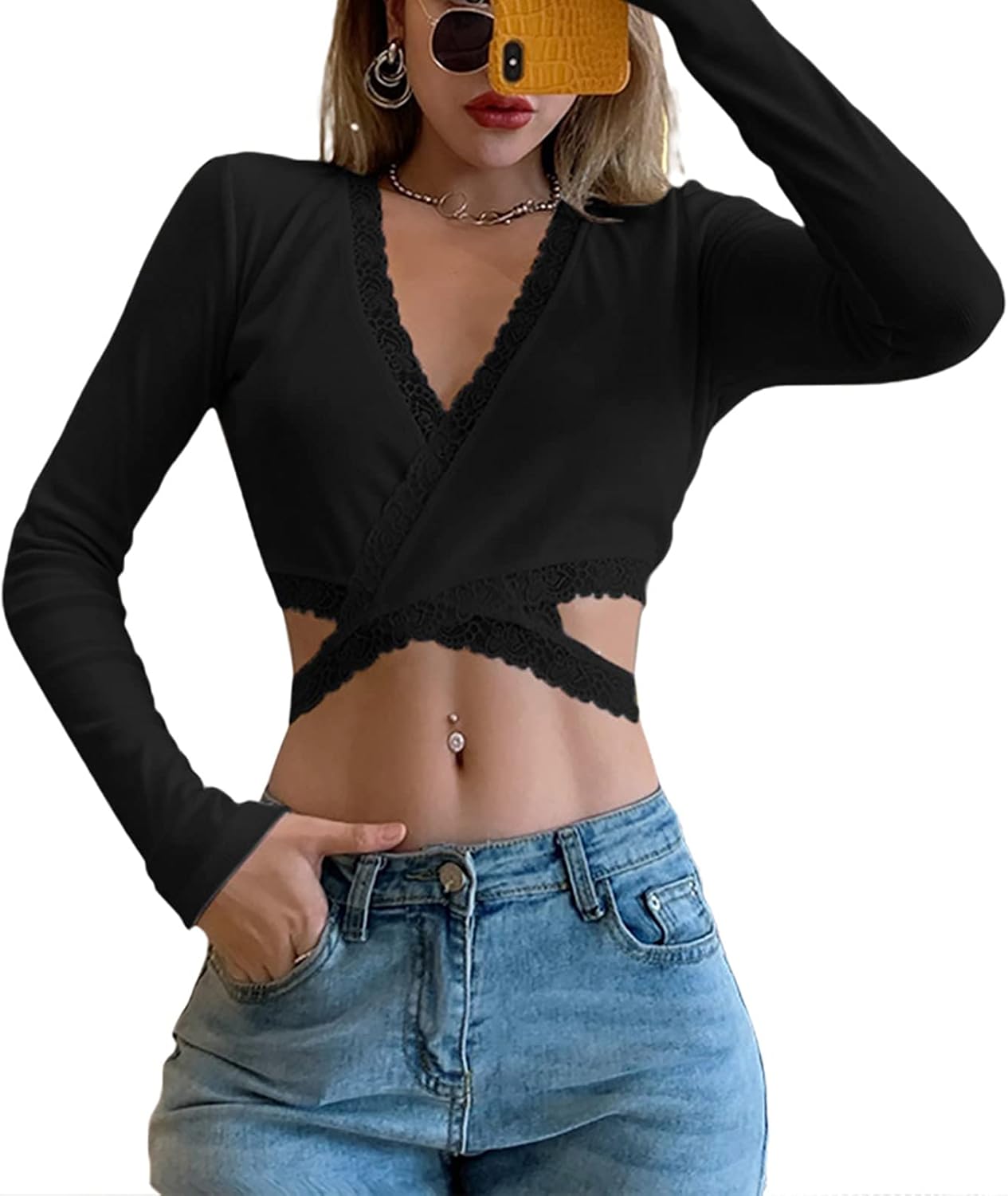 Women's Sexy Lace Crop Tops Deep V Neck Long Sleeve Cross